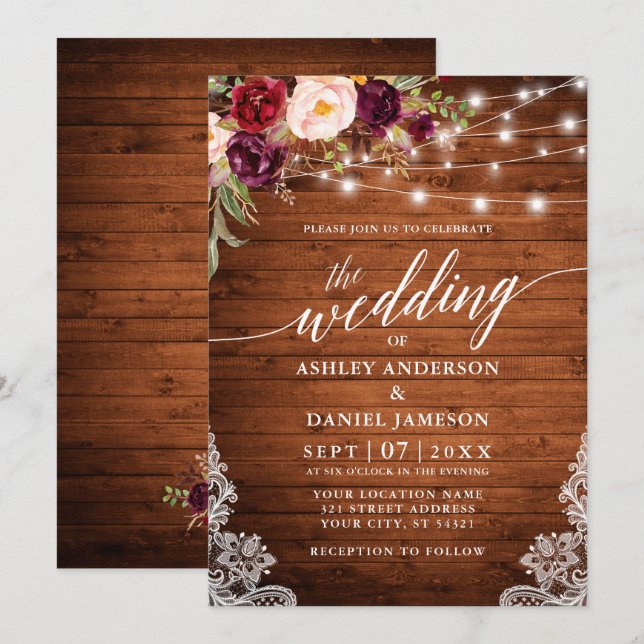 Invitation Mariage de calligraphie de dentelle en Bourgogne r (Devant / Derrière)