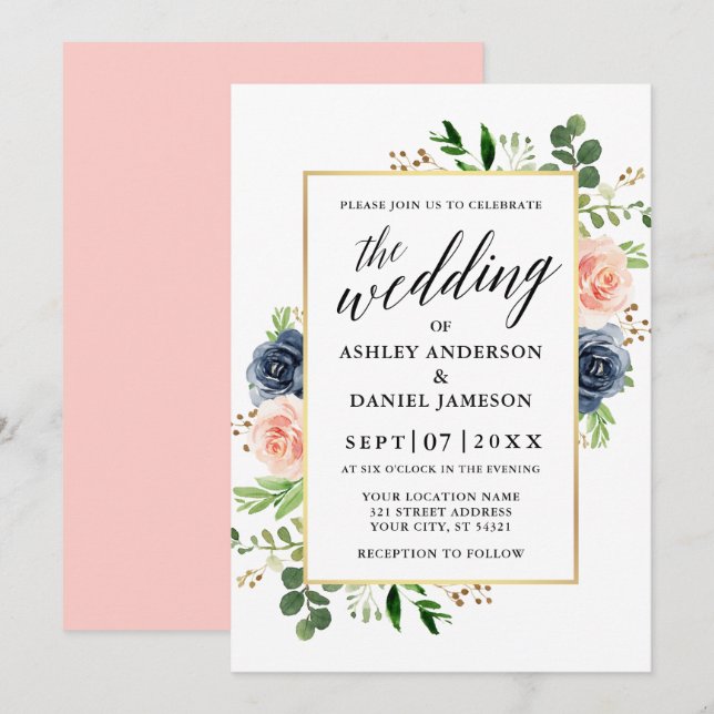 Invitation Mariage de calligraphie de Roses Rose Bleu Dusty (Devant / Derrière)