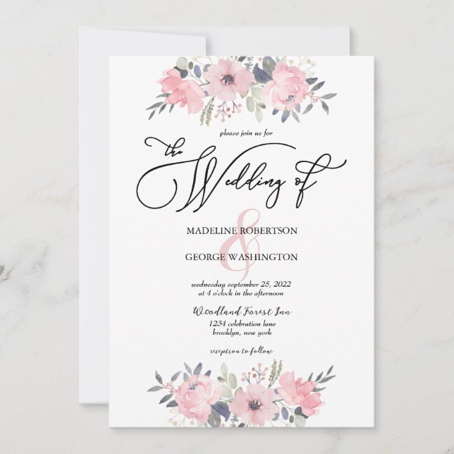 Invitation Mariage de calligraphie florale rose (Devant)