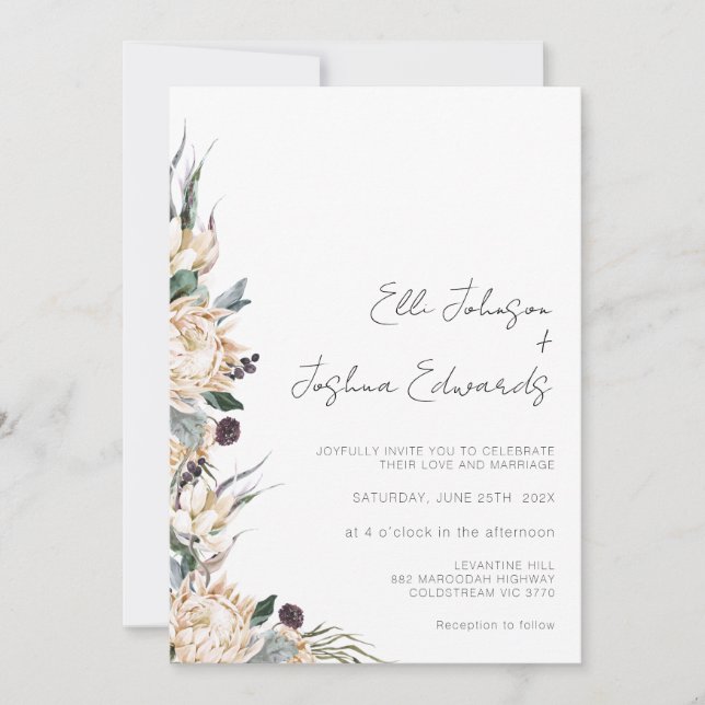 Invitation Mariage de calligraphie moderne King White Protea  (Devant)