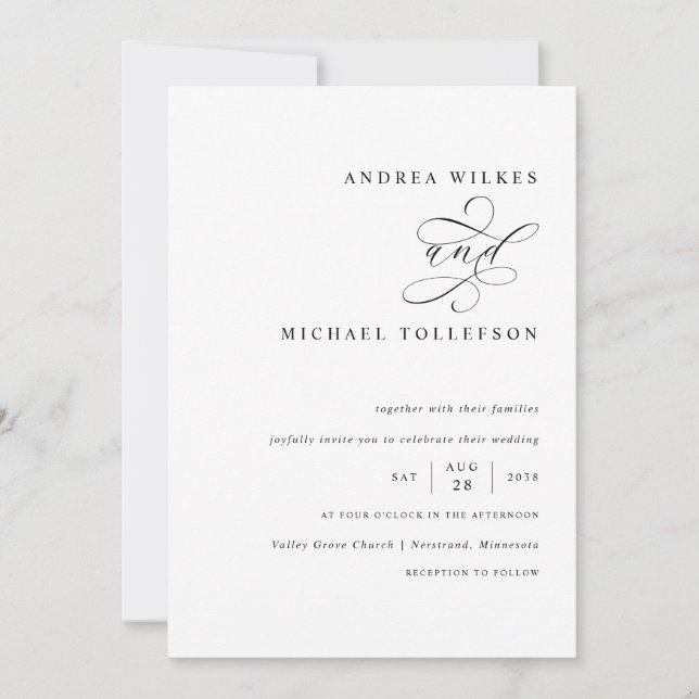 Invitation Mariage de calligraphie noir et blanc romantique (Devant)