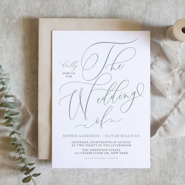 Invitation Mariage de calligraphie solaire (Sage Green Whimsical Calligraphy Wedding Invitation)