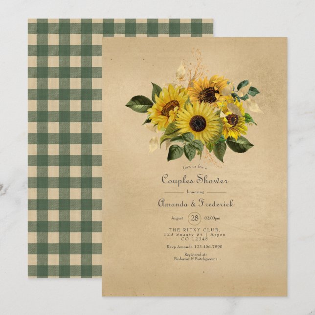 Invitation Mariage de campagne au tournesol rustique (Devant / Derrière)