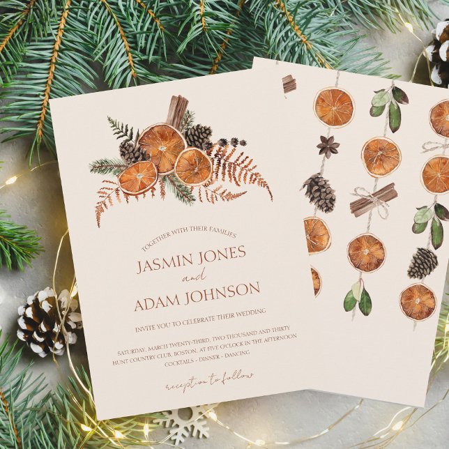 Invitation Mariage de cannelle d'agrumes séchés d'hiver (Winter Orange Slices Dried Citrus Cinnamon Wedding Invitation)