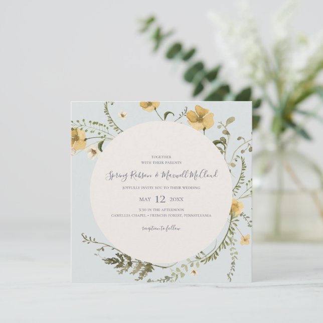 Invitation Mariage de Carré bleu clair Fleur sauvage de print (Debout devant)