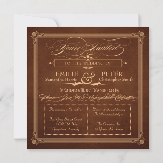 Invitation Mariage de Carré Brown riche de style poster vinta (Devant)