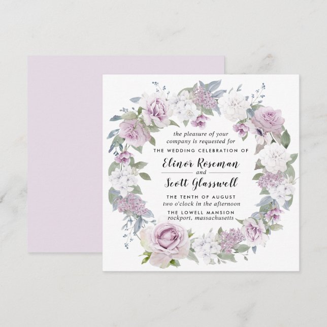 Invitation Mariage de Carré Rustique Blush Purple Blanc Flora (Devant / Derrière)