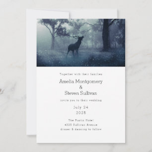 Invitation Mariage de cerf avec des bois dans une forêt sombr
