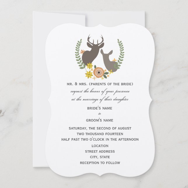 Invitation Mariage de cerfs rustiques - Orange Floral (Devant)