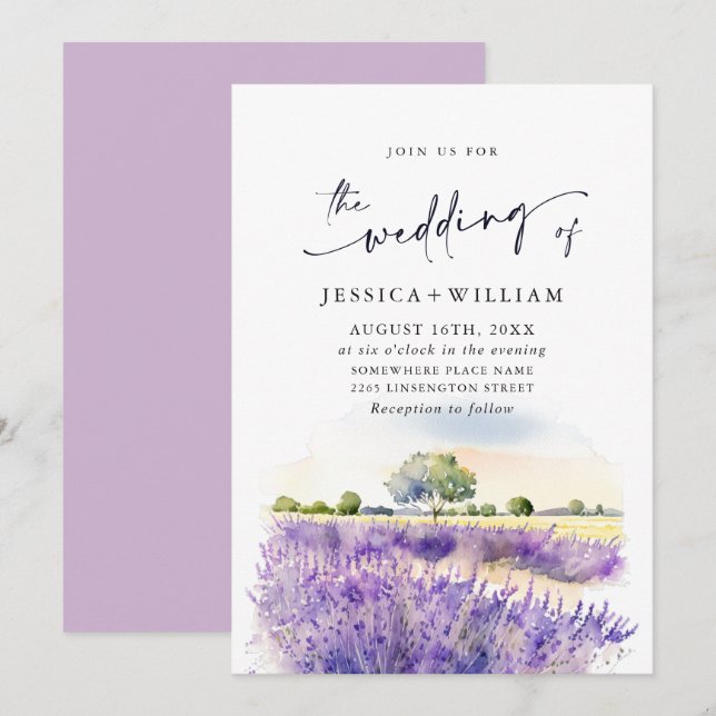 Invitation Mariage de champ Aquarelle violet (Devant / Derrière)
