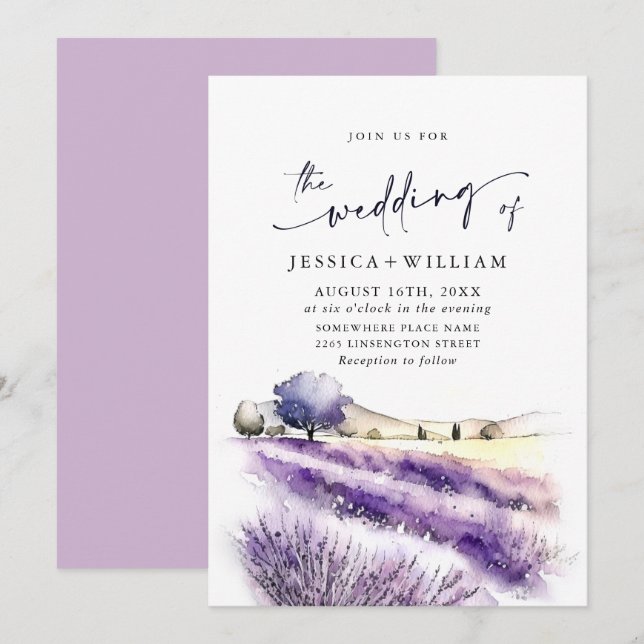 Invitation Mariage de champ Aquarelle violet Lavande Fleurs (Devant / Derrière)