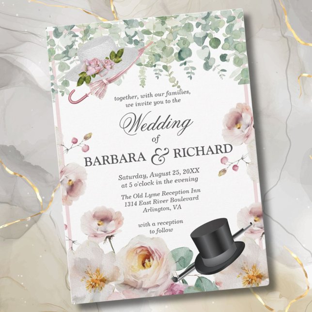 Invitation Mariage de chapeau rose vif Romantique Floral (Créateur téléchargé)