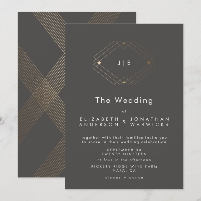 Invitation Mariage de charbon de bois géométrique simple et m (Devant / Derrière)