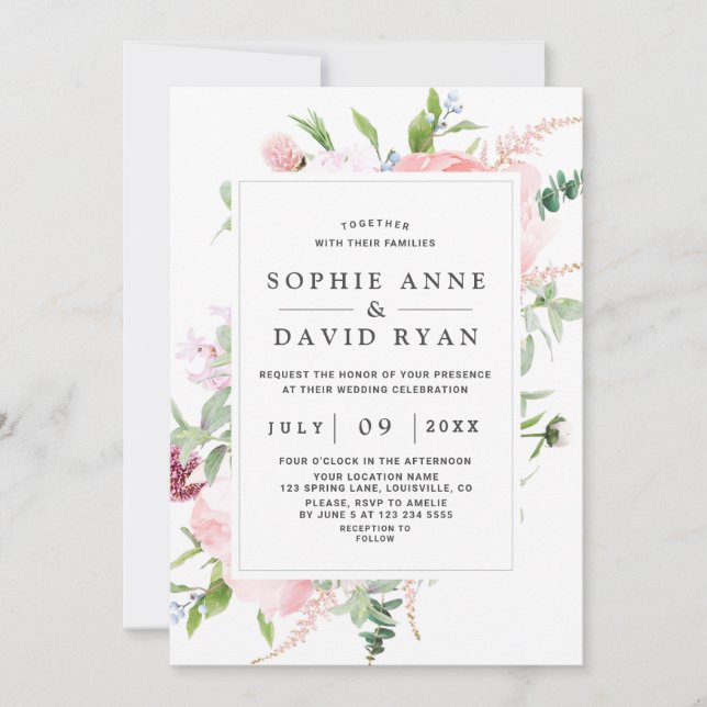 Invitation Mariage de charmante aquarelle pivoine à cadre flo (Devant)