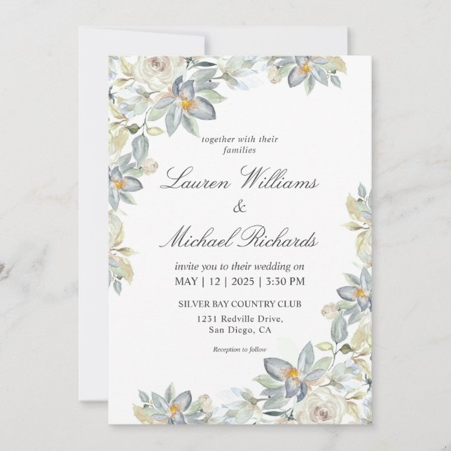 Invitation Mariage de charme Eucalyptus bleu clair personnali (Devant)