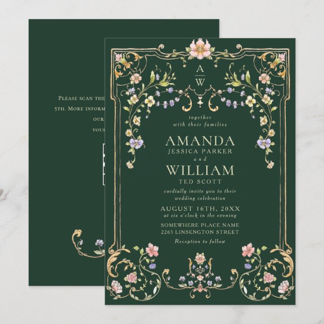 Invitation Mariage de charpente florale de Grace Orné Victori (Devant / Derrière)
