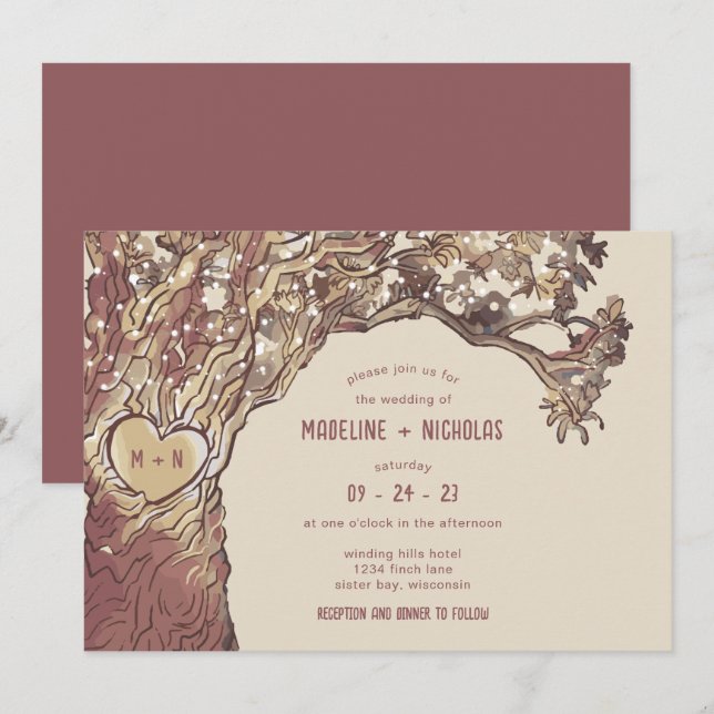 Invitation Mariage de chêne de coeur sculpté rustique (Devant / Derrière)