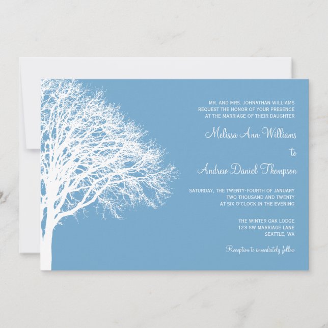 Invitation Mariage de chêne d'hiver blanc et bleu (Devant)