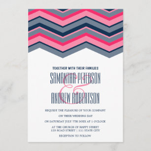 Invitation Mariage de chevron bleu marine rose néon