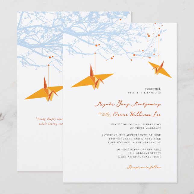 Invitation Mariage de citation d'amour et de grues d'origine  (Devant / Derrière)