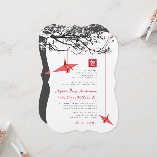 Invitation Mariage de citation d'amour et de grues en papier  (Devant/Arrière en situation)