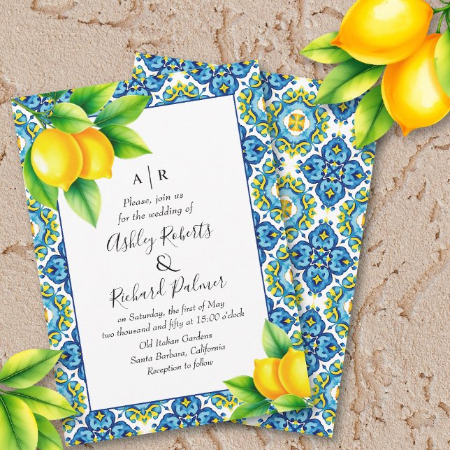 Invitation Mariage de citron bleu et jaune méditerranéen (Créateur téléchargé)