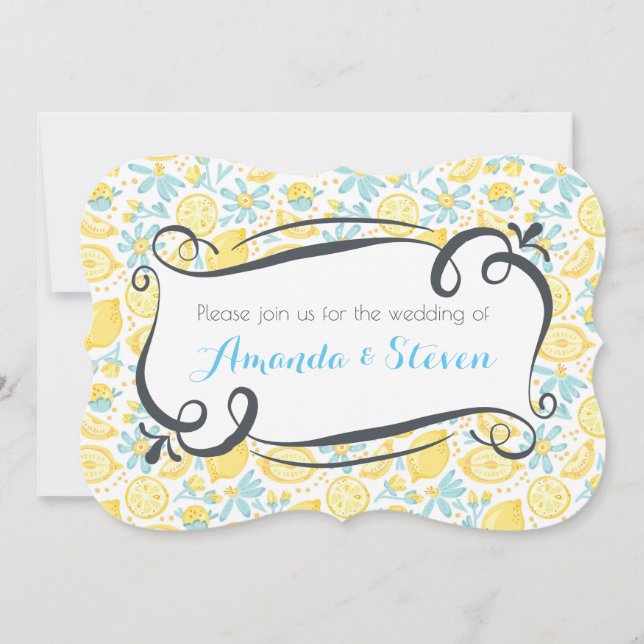 Invitation Mariage de citrons jaunes et de fleurs bleues Invi (Devant)