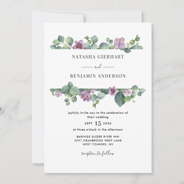 Invitation Mariage de code de l'Eucalyptus de verdure pourpre (Devant)