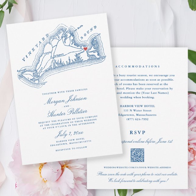 Invitation Mariage de code QR bleu marine tout-en-un d'Edgart (Edgartown MA Martha's Vineyard Map All in One Wedding invitation in elegant Navy Blue )