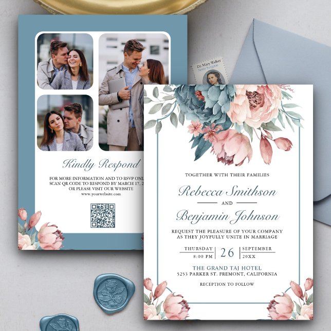 Invitation Mariage de code QR couleur bleu et rose (Créateur téléchargé)