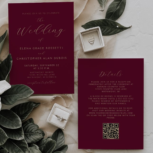 Invitation Mariage de code QR de script or moderne Bourgogne (Créateur téléchargé)