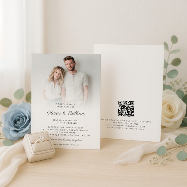 Invitation Mariage de code QR de superposition photo minimali (Front and back view)