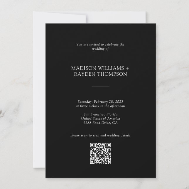 Invitation Mariage de code QR du budget noir moderne (Devant)