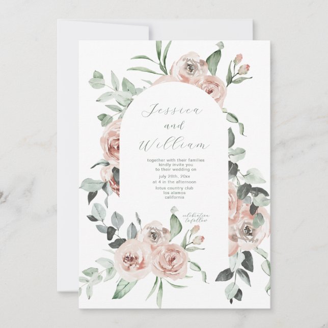 Invitation Mariage de code QR du script Dusty Rose Eucalyptus (Devant)