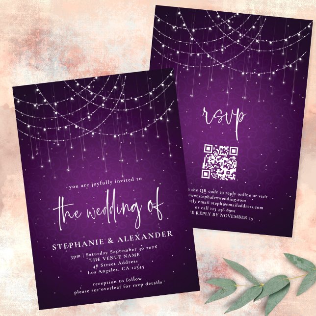 Invitation Mariage de code QR du script moderne violet (Front and back view)