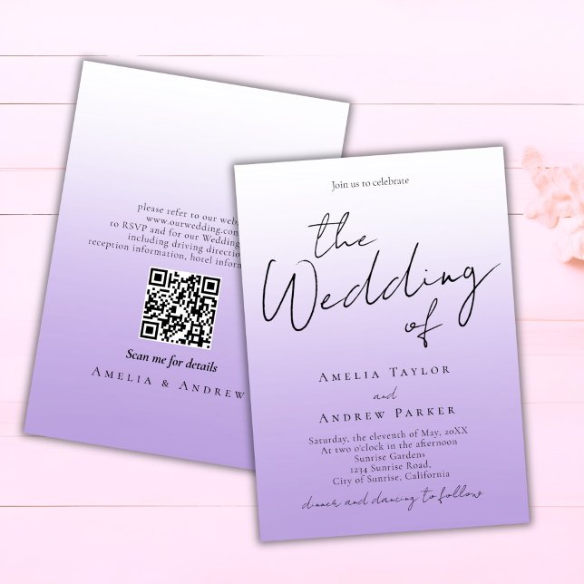 Invitation Mariage de code QR élégant de script de lavande vi (Créateur téléchargé)