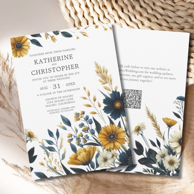 Invitation Mariage de code QR élégant Fleur sauvage jaune ble (Blue Yellow Wildflowers Elegant Wedding Invitation with QR Code for Wedding Website.)