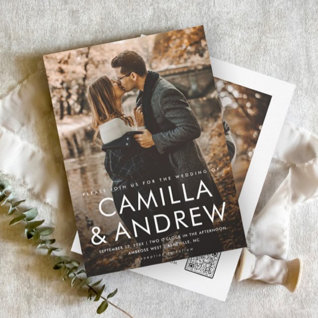 Invitation Mariage de code QR Elegant Photo Moderne (A minimal 2 photo wedding invitation with simple typographic overlay and QR Code rsvp on the back.)
