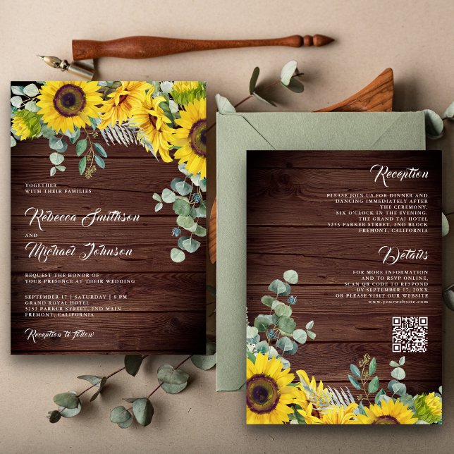 Invitation Mariage de code QR Eucalyptus en bois rustique (Créateur téléchargé)