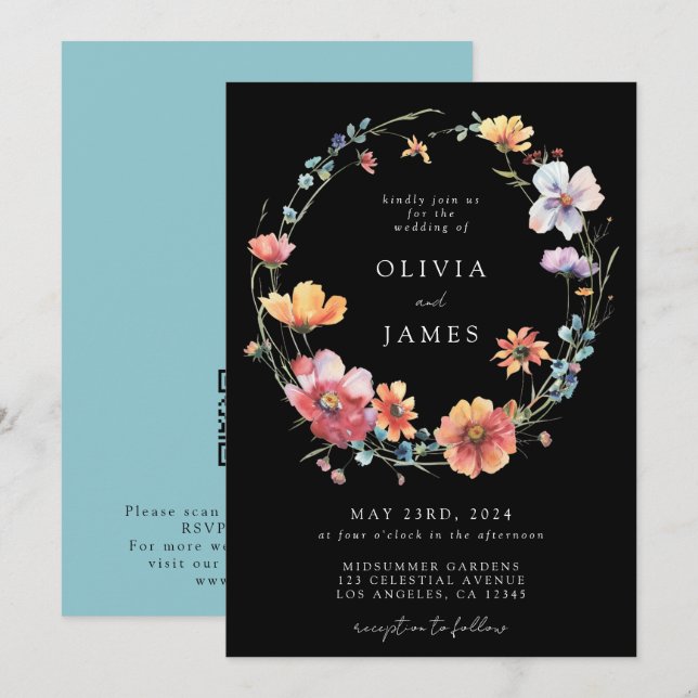 Invitation Mariage de code QR Fleur sauvage noir (Devant / Derrière)