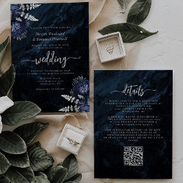 Invitation Mariage de code QR floral bleu marine