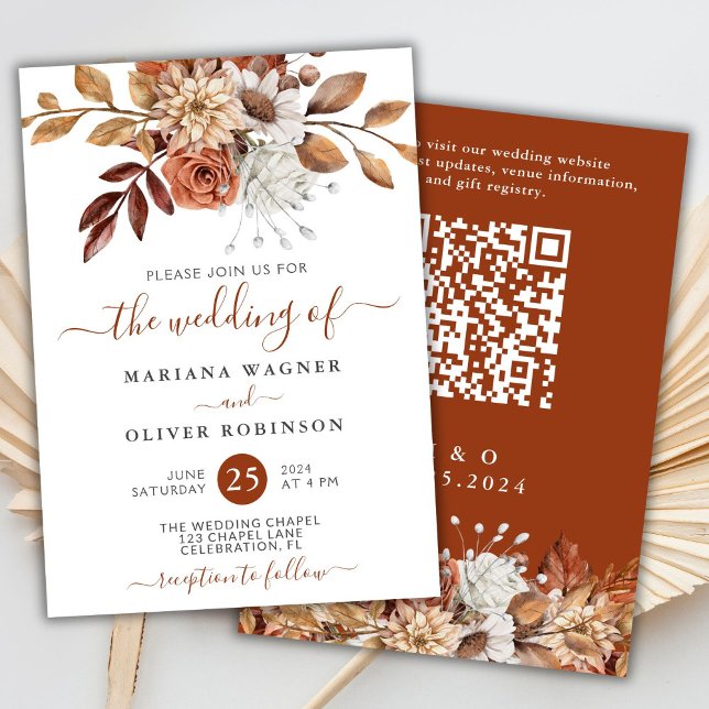 Invitation Mariage de code QR floral de l'aquarelle d'automne (Créateur téléchargé)
