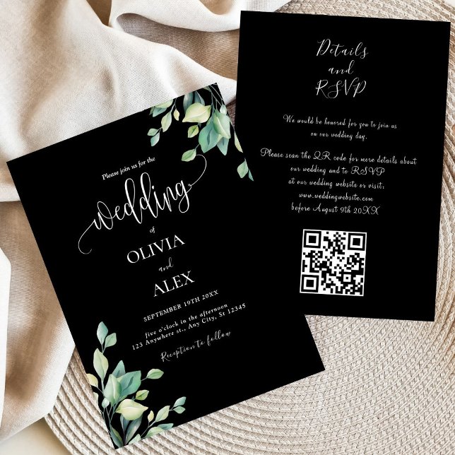 Invitation Mariage de code QR floral noir et blanc (Créateur téléchargé)