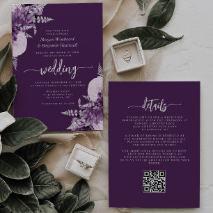 Invitation Mariage de code QR floral violet Lilac Silver