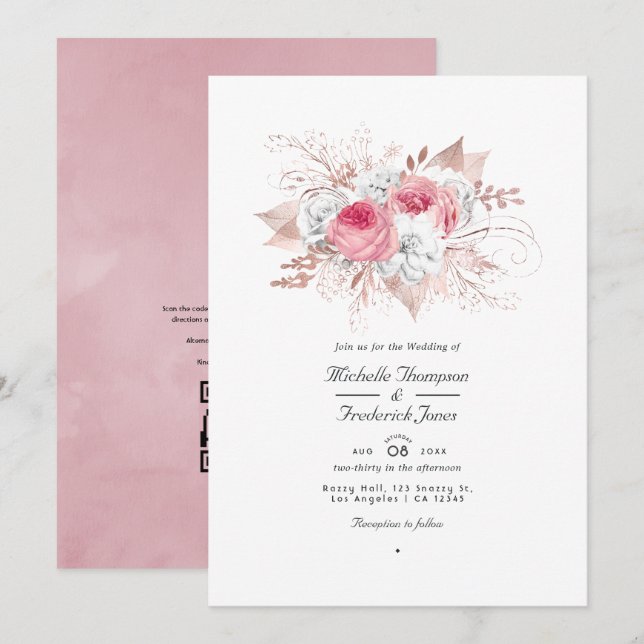 Invitation Mariage de code QR flush rose et Rose or (Devant / Derrière)