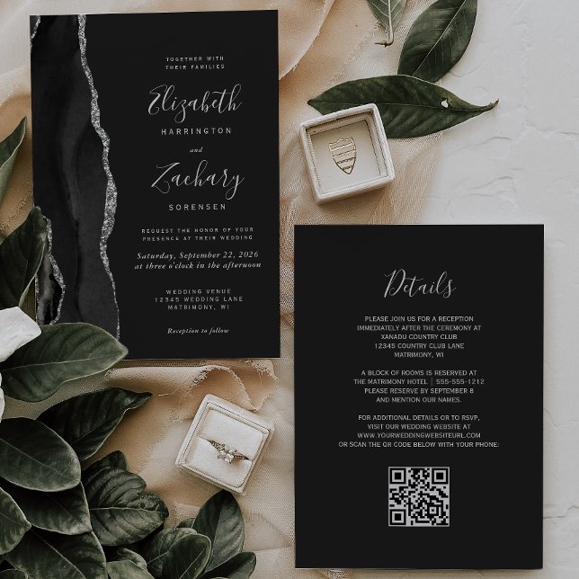 Invitation Mariage de code QR foncé de l'Agate d'argent noir (Créateur téléchargé)