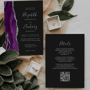Invitation Mariage de code QR foncé moderne violet argenté