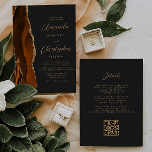 Invitation Mariage de code QR foncé Orange Gold Agate