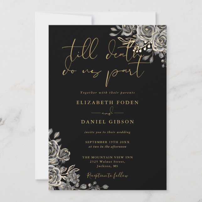 Invitation Mariage de code QR gothique noir et or (Devant)