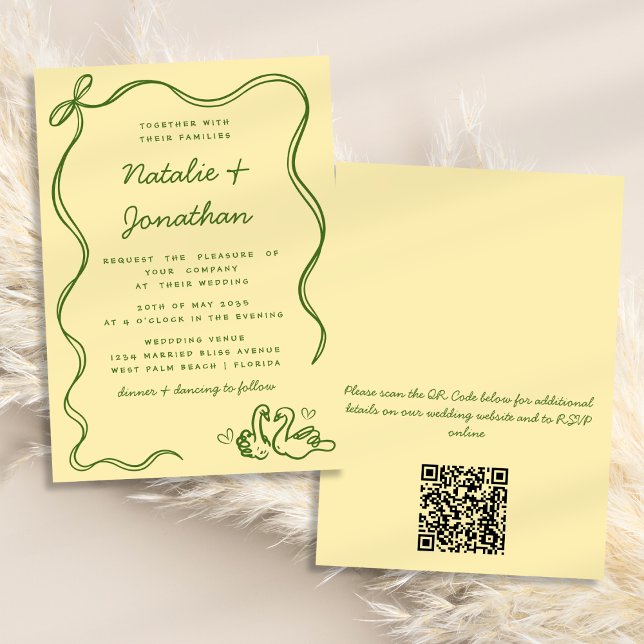 Invitation Mariage de code QR Jaune Bow Doodles Swans Whimsic (Créateur téléchargé)
